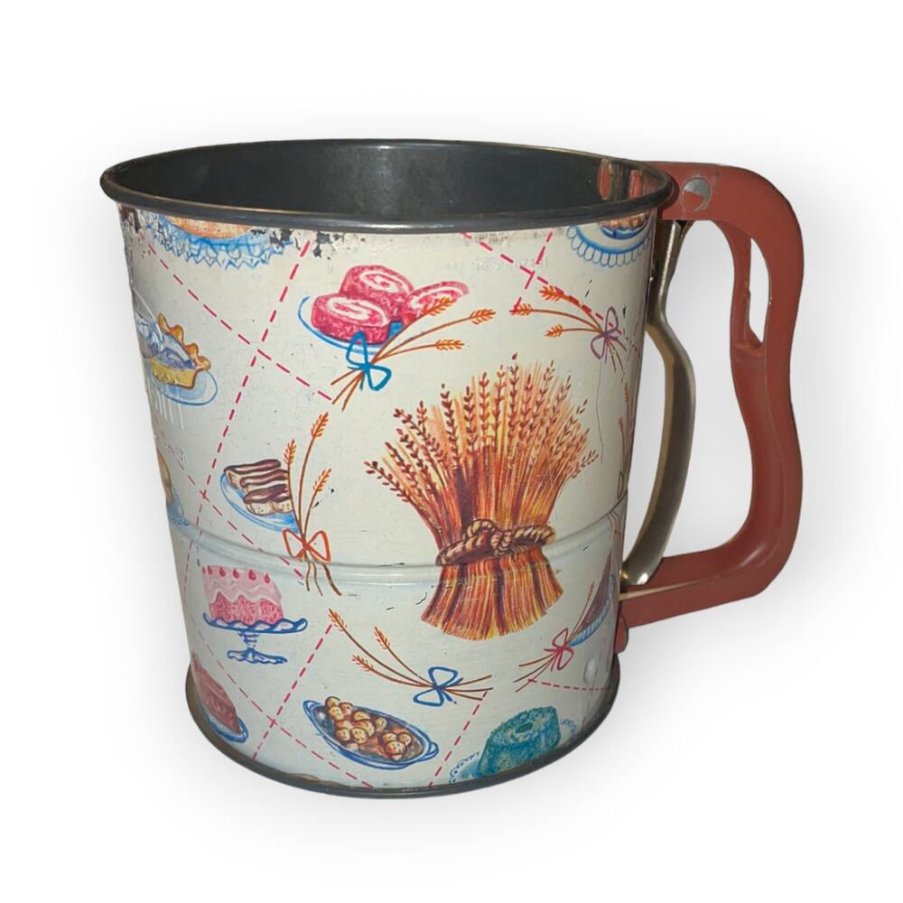 Vintage Androck Handisift Sifter with Kitchen Images & Red Handle EUC